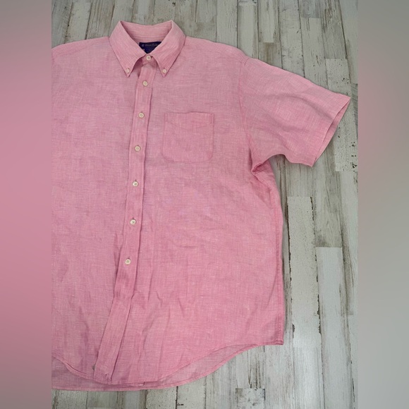 Brooks Brothers Button-Up Shirt Men XL Pink 100% Irish Linen Short Sleeve - Picture 2 of 9
